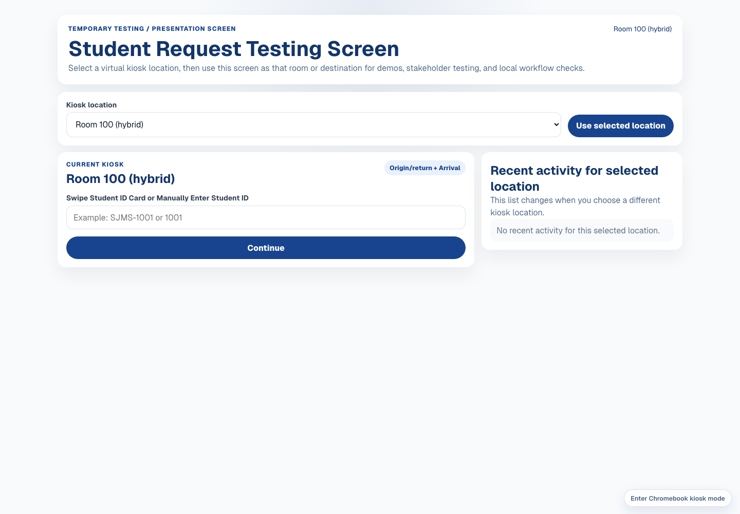 Student Request Testing Screen screenshot